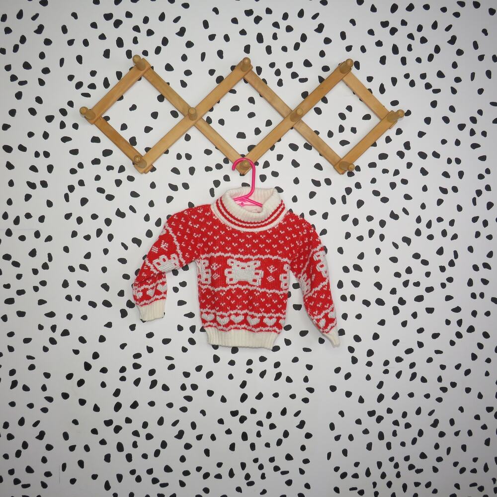 Vintage Park Bench Kids Red Teddy Bear Holiday Baby Turtleneck Sweater